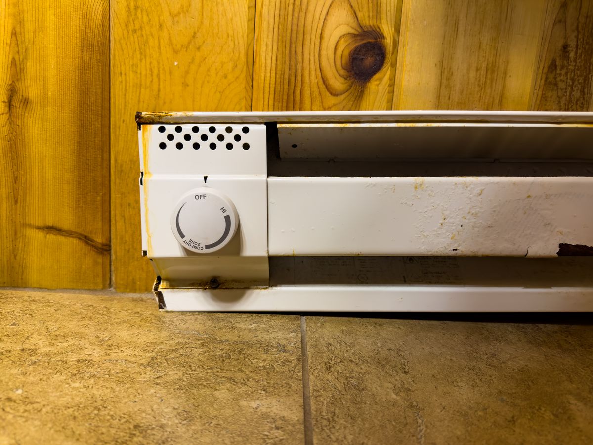 Electric baseboard heater along a wall, one of the heating systems we service